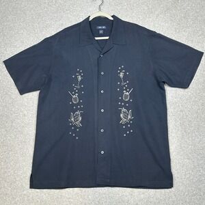 VTG Cherokee Camp Shirt L Blue Gingham Embroidered Upside Down Pineapple Swinger